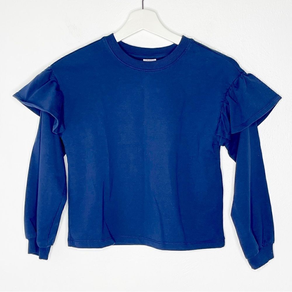 Hanna Andersson fleece lined navy blue crew neck sweat shirt with ruffles - 8
